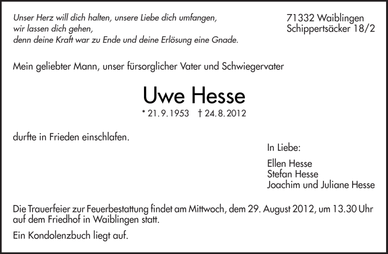  Traueranzeige für Uwe Hesse vom 27.08.2012 aus Kreiszeitung Waiblingen