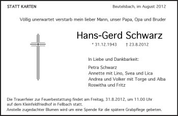Traueranzeige von Hans-Gerd Schwarz von Waiblinger Kreiszeitung