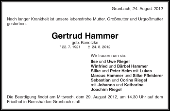 Traueranzeige von Gertrud Hammer von Waiblinger Kreiszeitung