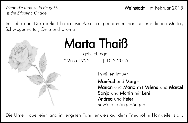  Traueranzeige für Marta Thaiss vom 27.02.2015 aus Waiblinger Kreiszeitung