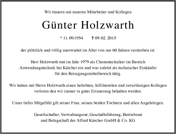 Traueranzeige von Günter Holzwarth von Waiblinger Kreiszeitung