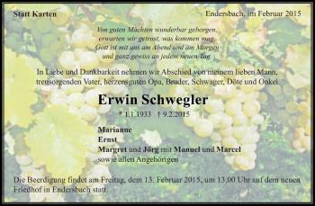 Traueranzeige von Erwin Schwegler von Waiblinger Kreiszeitung