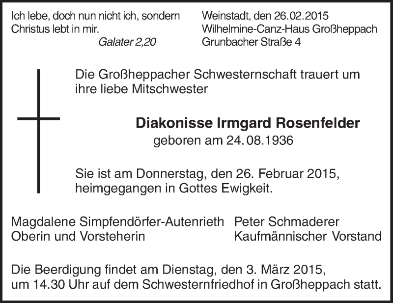  Traueranzeige für Irmgard Rosenfelder vom 28.02.2015 aus Waiblinger Kreiszeitung