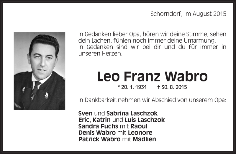  Traueranzeige für Leo Franz Wabro vom 03.09.2015 aus Waiblinger Kreiszeitung