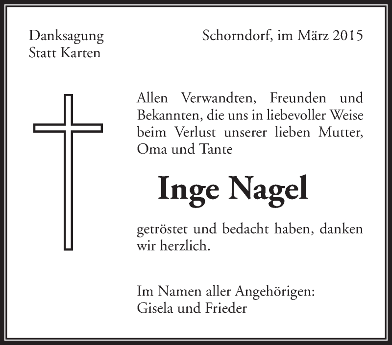  Traueranzeige für Inge Nagel vom 14.03.2015 aus Waiblinger Kreiszeitung