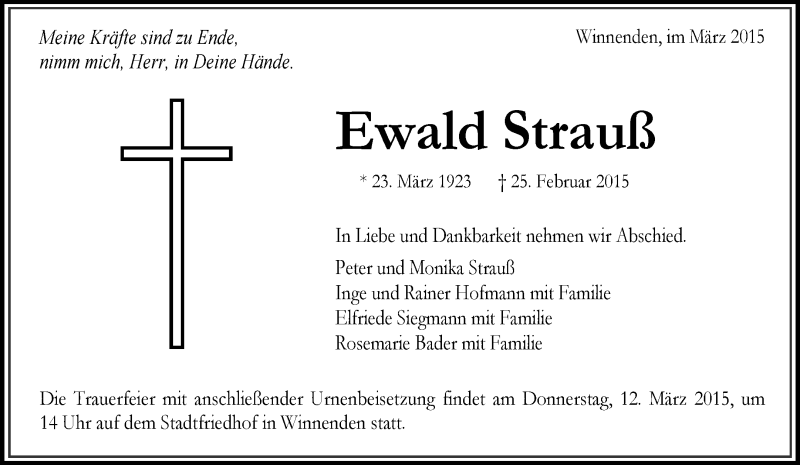  Traueranzeige für Ewald Strauß vom 07.03.2015 aus Waiblinger Kreiszeitung
