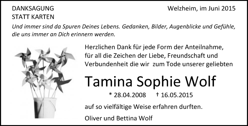  Traueranzeige für Tamina Sophie Wolf vom 16.06.2015 aus Waiblinger Kreiszeitung
