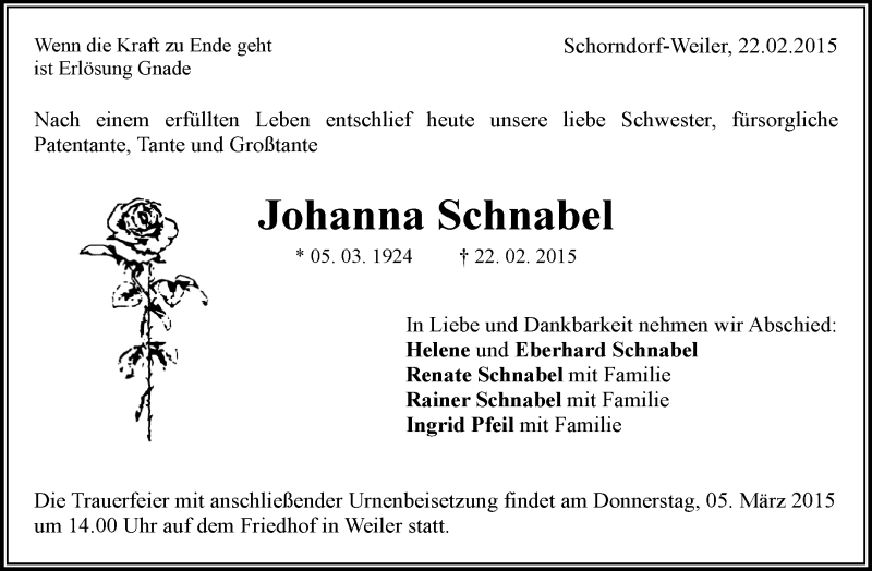  Traueranzeige für Johanna Schnabel vom 28.02.2015 aus Waiblinger Kreiszeitung