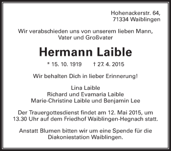 Traueranzeige von Hermann Laible von Waiblinger Kreiszeitung