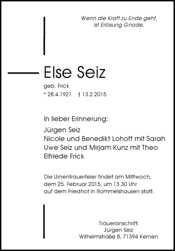 Traueranzeige von Else Seiz von Waiblinger Kreiszeitung
