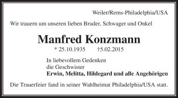 Traueranzeige von Manfred Konzmann von Waiblinger Kreiszeitung
