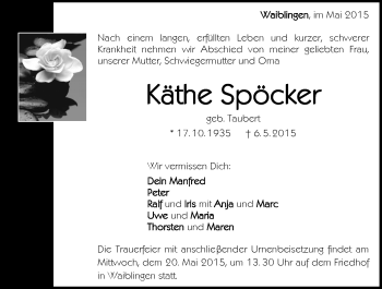 Traueranzeige von Käthe Spöcker von Waiblinger Kreiszeitung