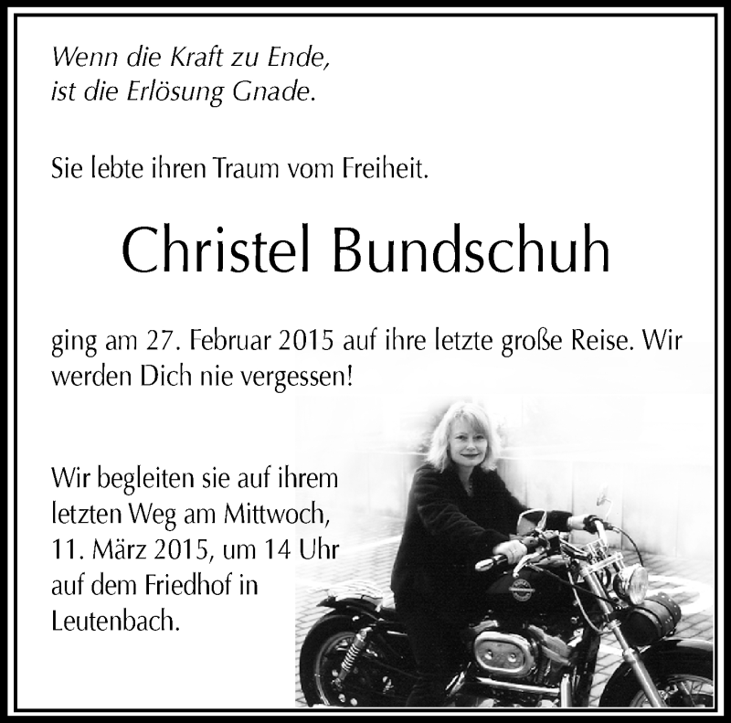  Traueranzeige für Christel Bundschuh vom 07.03.2015 aus Waiblinger Kreiszeitung