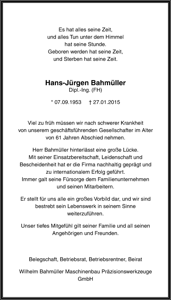  Traueranzeige für Hans-Jürgen Bahmüller vom 31.01.2015 aus Waiblinger Kreiszeitung