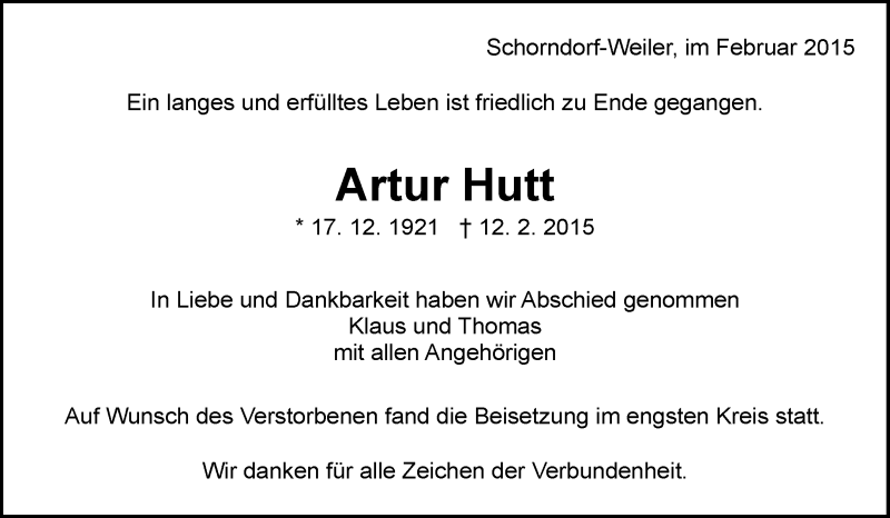  Traueranzeige für Artur Hutt vom 28.02.2015 aus Waiblinger Kreiszeitung