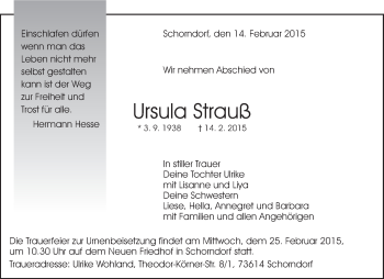 Traueranzeige von Ursula Strauß von Waiblinger Kreiszeitung