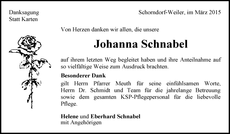  Traueranzeige für Johanna Schnabel vom 21.03.2015 aus Waiblinger Kreiszeitung