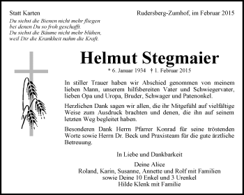 Traueranzeige von Helmut Stegmaier von Waiblinger Kreiszeitung