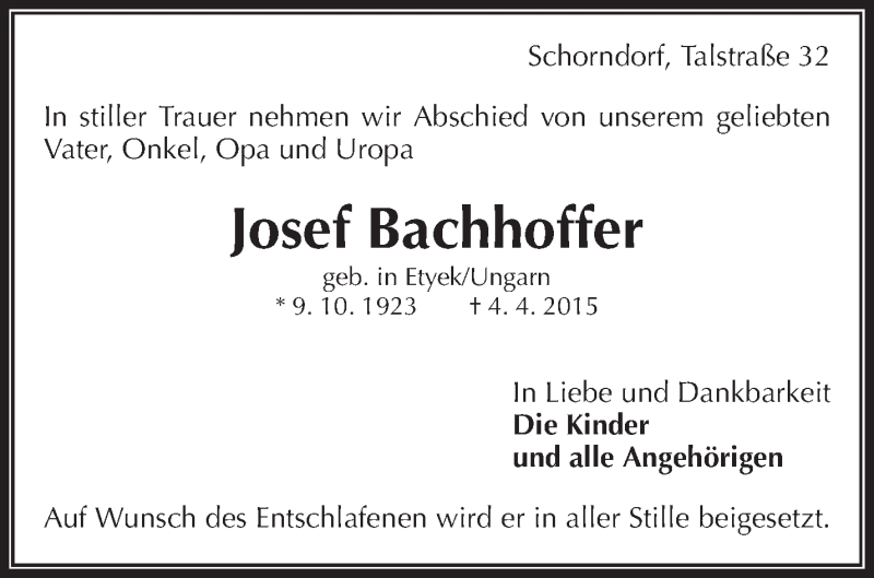  Traueranzeige für Josef Bachhoffer vom 09.04.2015 aus Waiblinger Kreiszeitung