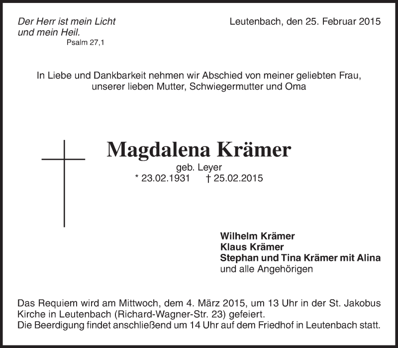  Traueranzeige für Magdalena Krämer vom 27.02.2015 aus Waiblinger Kreiszeitung