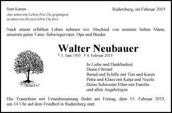 Traueranzeige von Walter Neubauer von Waiblinger Kreiszeitung