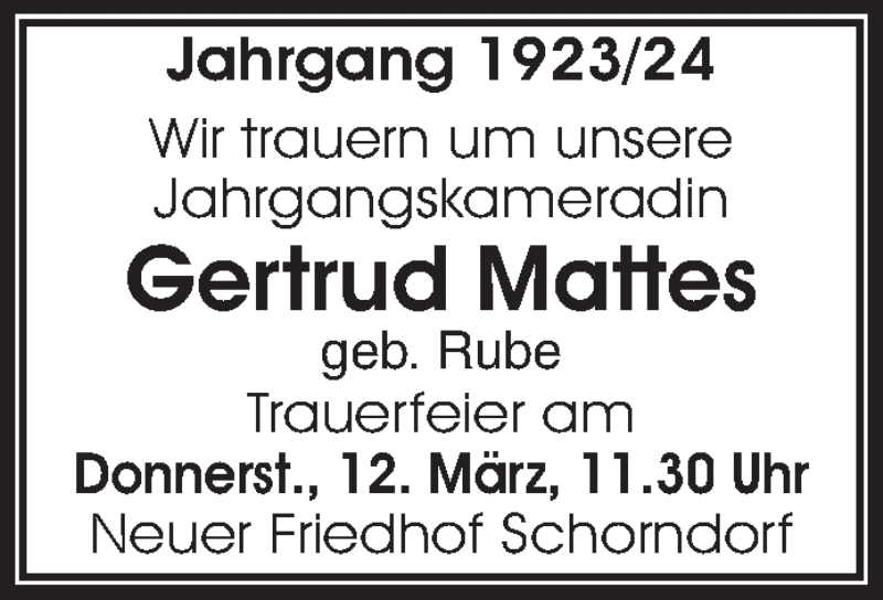  Traueranzeige für Gertrud Mattes vom 11.03.2015 aus Waiblinger Kreiszeitung