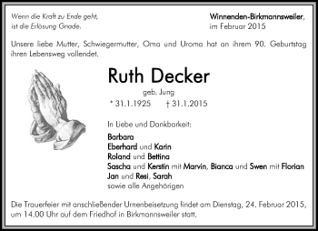 Traueranzeige von Ruth Decker von Waiblinger Kreiszeitung