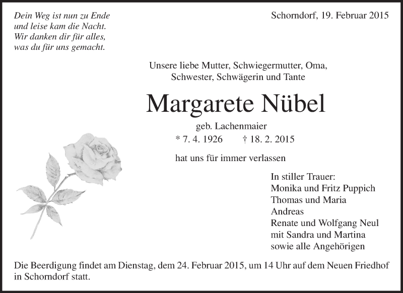  Traueranzeige für Margarete Nübel vom 21.02.2015 aus Waiblinger Kreiszeitung