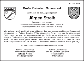 Traueranzeige von Jürgen Streib von Waiblinger Kreiszeitung