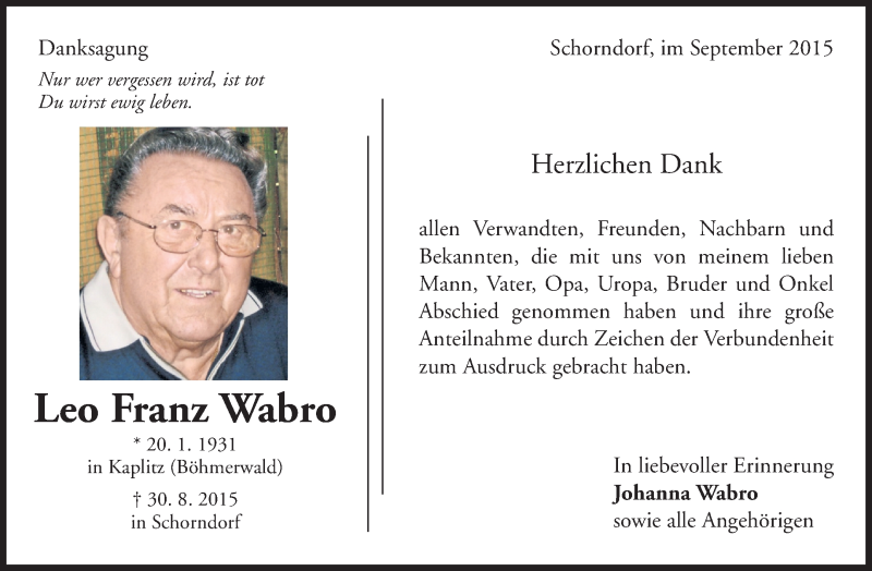  Traueranzeige für Leo Franz Wabro vom 18.09.2015 aus Waiblinger Kreiszeitung
