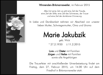 Traueranzeige von Marie Jakubzik von Waiblinger Kreiszeitung