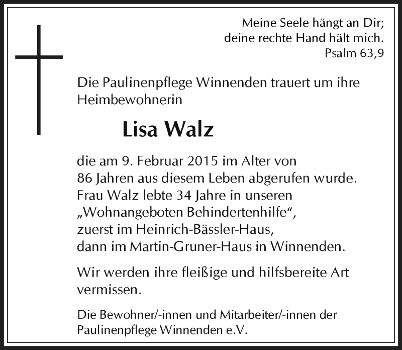  Traueranzeige für Lisa Walz vom 21.02.2015 aus Waiblinger Kreiszeitung