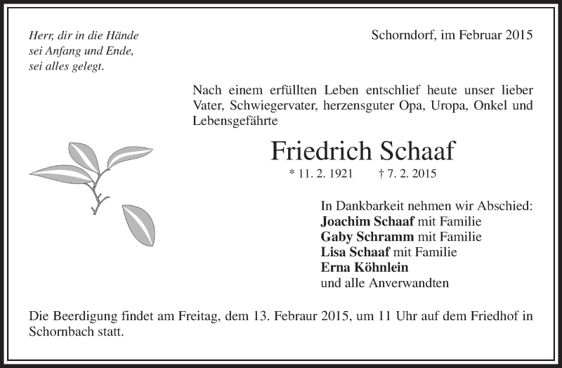 Traueranzeige für Friedrich Schaaf vom 11.02.2015 aus Waiblinger Kreiszeitung