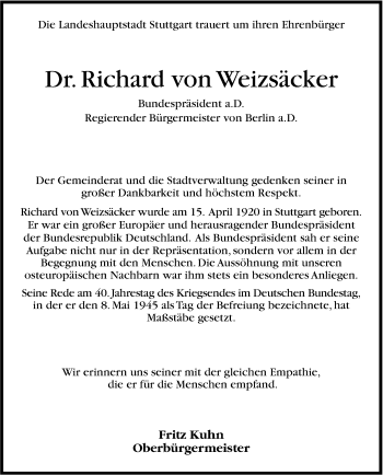 Traueranzeige von Richard von Weizsäcker von Waiblinger Kreiszeitung