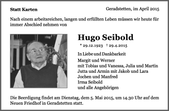 Traueranzeige von Hugo Seibold von Waiblinger Kreiszeitung