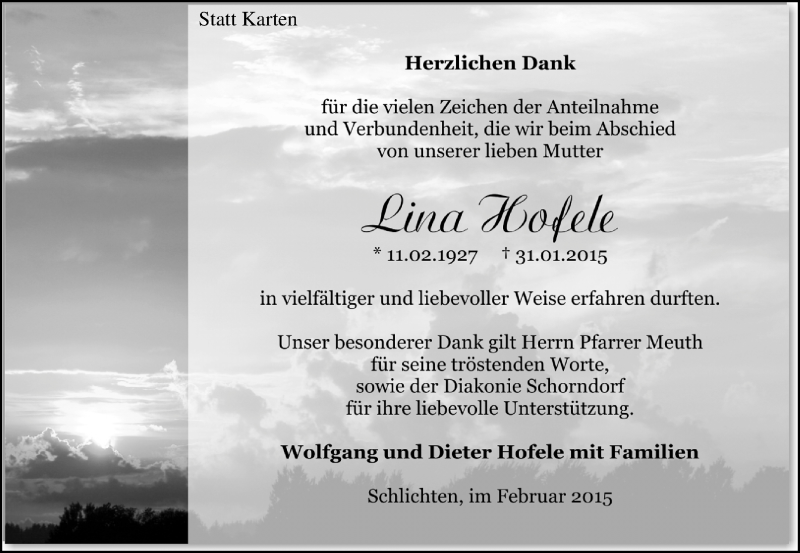 Traueranzeige für Lina Hofele vom 21.02.2015 aus Waiblinger Kreiszeitung