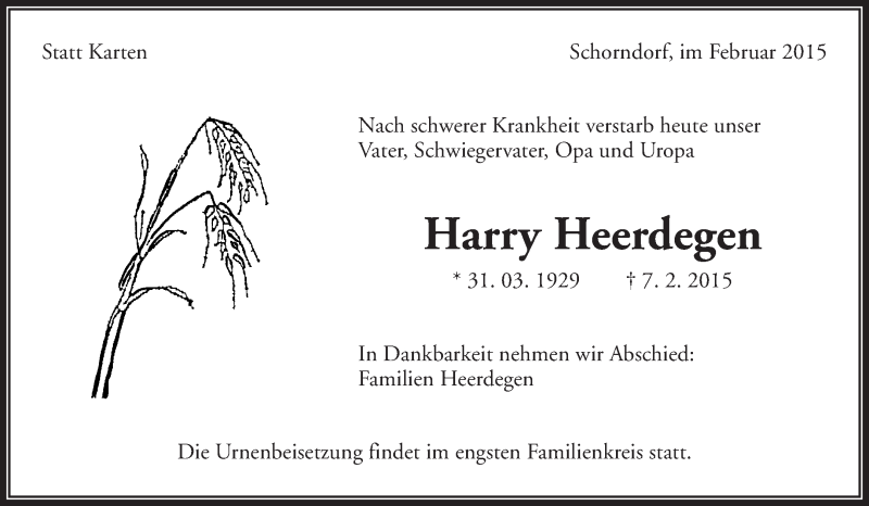  Traueranzeige für Harry Heerdegen vom 10.02.2015 aus Waiblinger Kreiszeitung