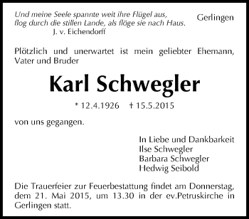 Traueranzeige von Karl Schwegler von Waiblinger Kreiszeitung