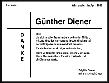 Traueranzeige von Günther Diener von Waiblinger Kreiszeitung