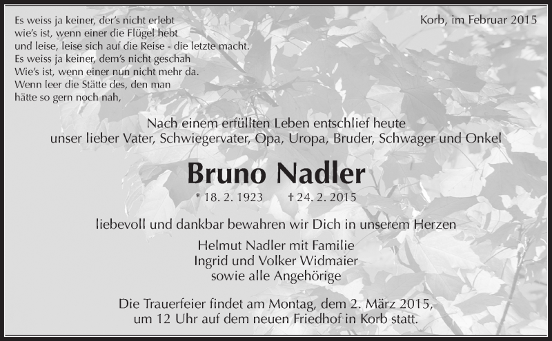  Traueranzeige für Bruno Nadler vom 27.02.2015 aus Waiblinger Kreiszeitung