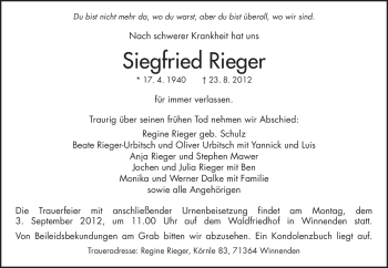 Traueranzeige von Siegfried Rieger von Waiblinger Kreiszeitung