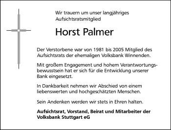 Traueranzeige von Horst Palmer von Waiblinger Kreiszeitung