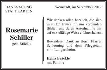 Traueranzeige von Rosemarie Schiller von Waiblinger Kreiszeitung