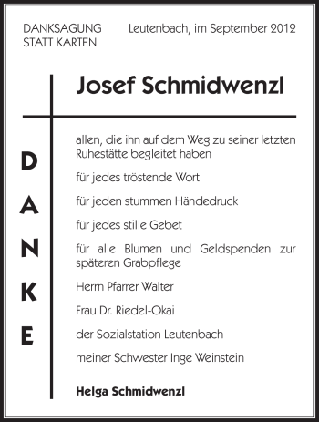 Traueranzeige von Josef Schmidwenzl von Waiblinger Kreiszeitung