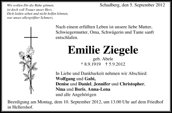 Traueranzeige von Emilie Ziegele von Waiblinger Kreiszeitung
