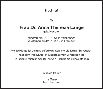 Traueranzeige von Anna Theresia Lange von Waiblinger Kreiszeitung