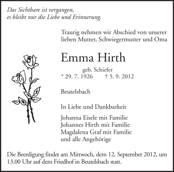 Traueranzeige von Emma Hirth von Waiblinger Kreiszeitung