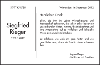 Traueranzeige von Siegfried Rieger von Waiblinger Kreiszeitung