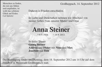 Traueranzeige von Anna Steiner von Waiblinger Kreiszeitung