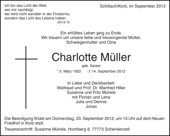 Traueranzeige von Charlotte Müller von Waiblinger Kreiszeitung